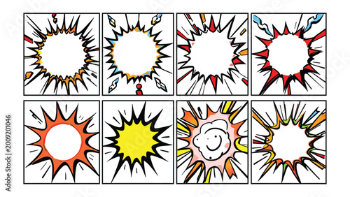 Foto Comic Strip Burst Bubbles: Dynamic collection of retro comic book style speech bubbles, perfect for injecting visual interest into creative projects and designs
