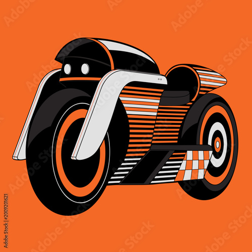 Retro-futuristic motorcycle vector illustration on orange background