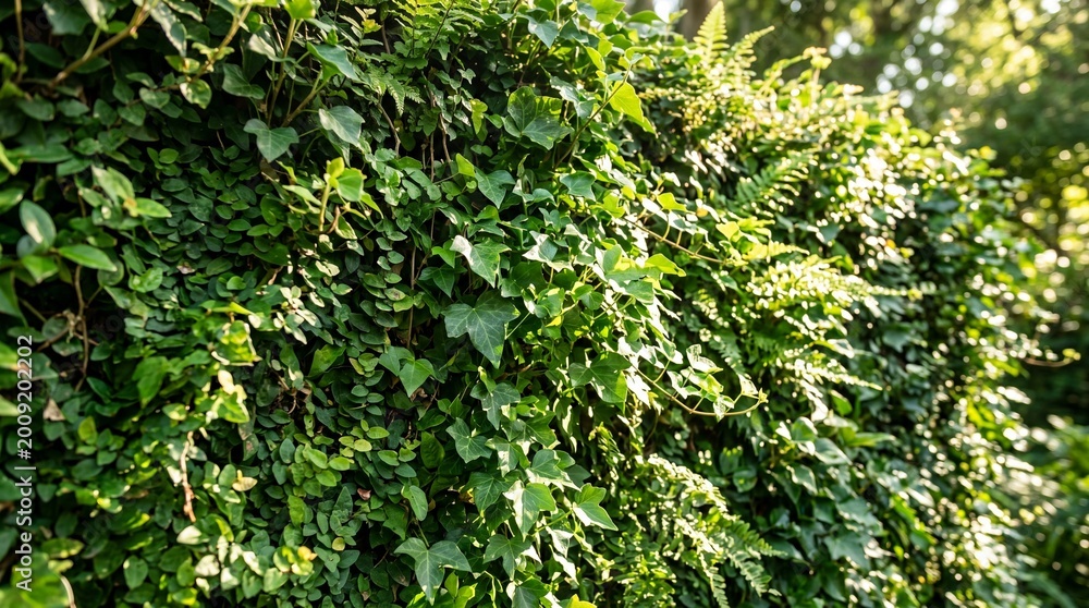 Obraz premium Lush green leaves illuminated by sunlight, creating a serene atmosphere in a natural setting