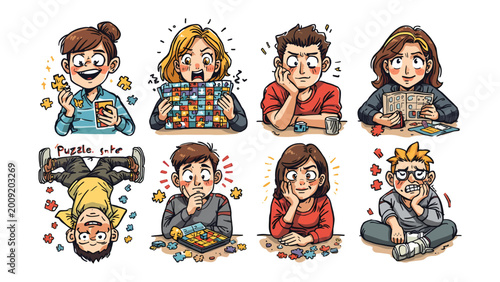 Foto Puzzle Lovers: A colorful illustration showcasing eight different individuals engrossed in the pleasure of puzzle-solving