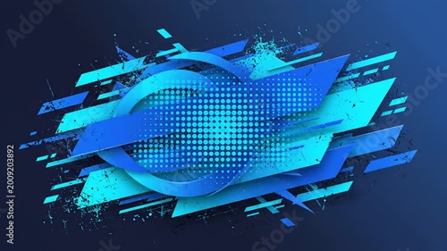 Abstract blue background with dynamic geometric shapes and halftone patterns