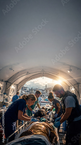 Emergency Medical Team: A dedicated medical team provides critical care to a patient on a stretcher inside a temporary medical tent.