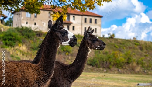 Two llamas with differing coat patterns stand facing left, in front of an old building and against a blue sky