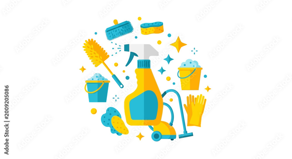 Fototapeta premium Professional Cleaning Supplies and Equipment Flat Illustration Set for Housekeeping Services, Sanitary Tools and Domestic Hygiene Concept Isolated on White Background