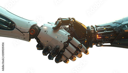 Half-human half-robot handshake, emotional connection, soft light, symbolic future of AI collaboration isolated on transparent background.
