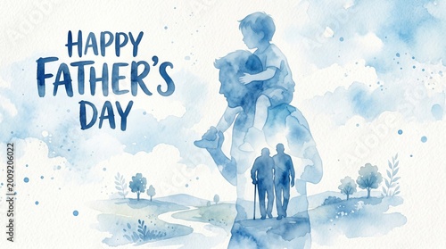 Father and son illustration featuring a blue watercolor silhouette depicting the generational bond and lifecycle growth for celebrating the annual holiday dedicated to all dads