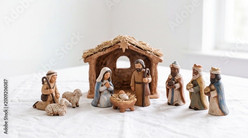 Nativity style clay figurines depicting the birth of Christ with a rustic stable background