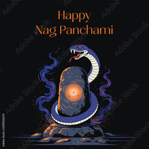 Bild auf Leinwand Mystical nag panchami illustration featuring blue snake and glowing shiva lingam