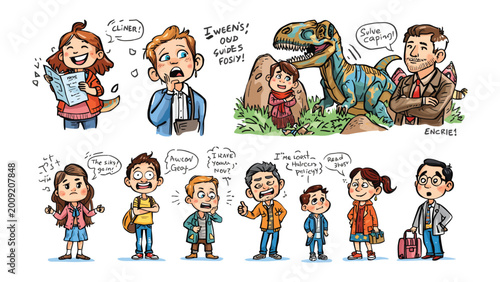 Bilde på lerret Dinosaur Adventure Illustration: A collection of charming cartoon illustrations depicting a dinosaur adventure, with expressive characters and a focus on curiosity and excitement