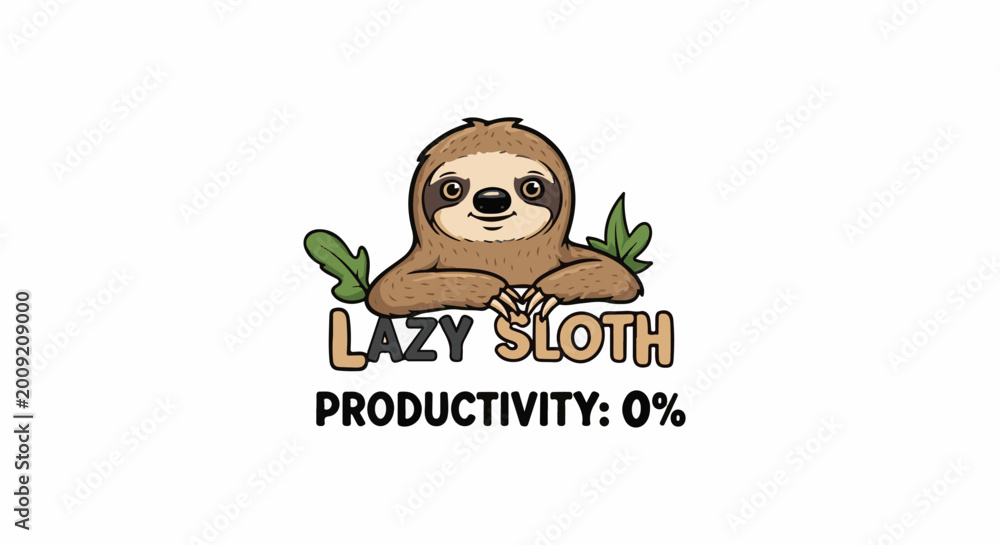 Fototapeta premium Adorable cartoon sloth with leaves and text about productivity