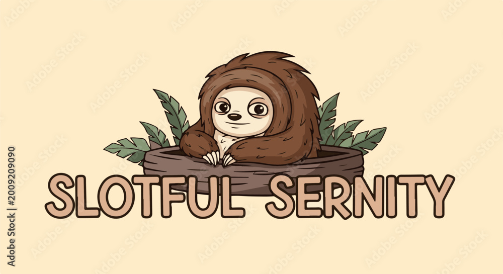 Fototapeta premium Adorable fluffy sloth peeks from a log, surrounded by green leaves, with text