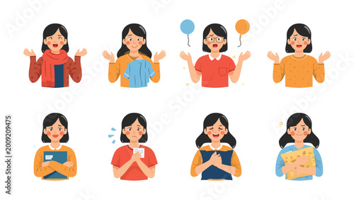 Photos Expressing Emotions: A collection of illustrations depicting a range of emotions, from confusion and excitement to contentment and worry
