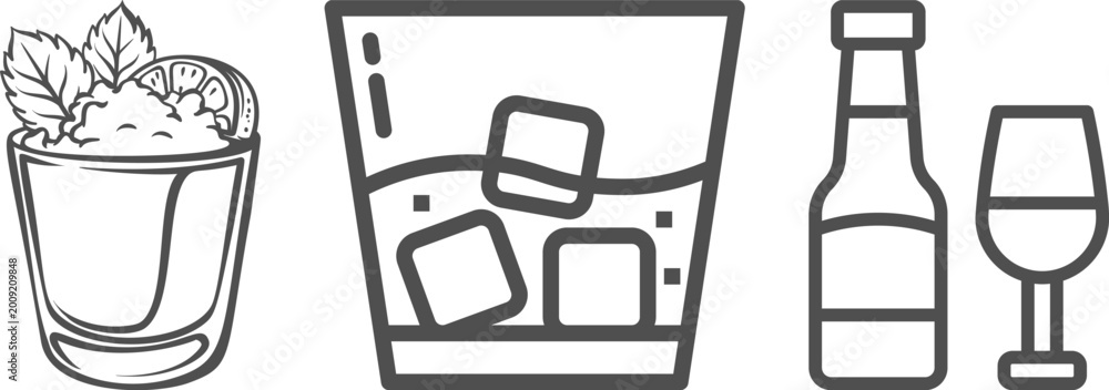 Fototapeta premium Drinkware and beverage icon set including beer glass, bottle, cocktail glass, juice, iced drink and smoothie. Perfect for bar menus, restaurant design, beverage branding.