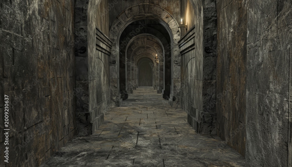 Obraz premium Discover eerie underground corridors illuminated by flickering torches in a haunting stone dungeon