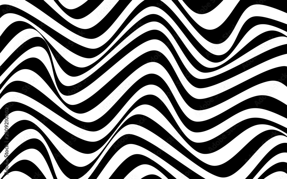 Naklejka premium Black-white wavy lines Nirmala, op art, optical illusion. Psychedelic abstract background pattern. Vector illustration of striped pattern with optical illusion 