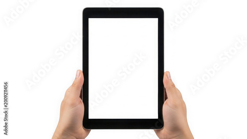 Hands holding tablet screen isolated on transparent background isolated on transparent background