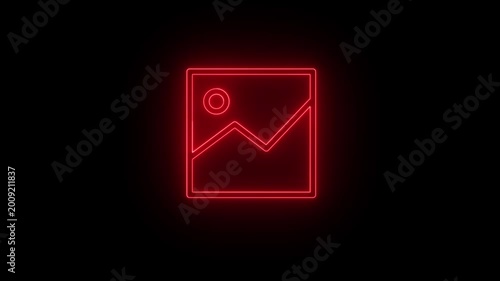 A red neon sign shaped like a landscape image icon against a dark background.
