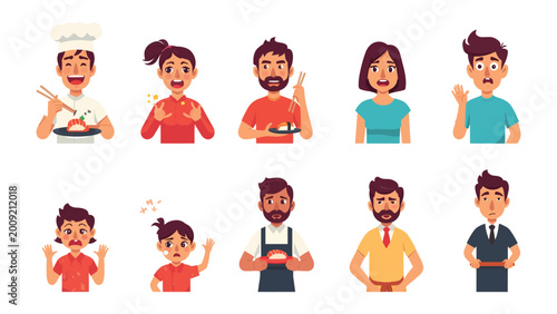 Culinary Expressions: A vibrant array of illustrations captures a spectrum of emotions associated with culinary experiences, showcasing diverse individuals' reactions to food.