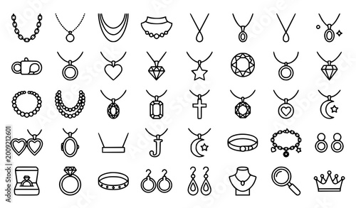 Quadro su tela Jewelry and luxury accessory icon set, necklace and ring symbols collection