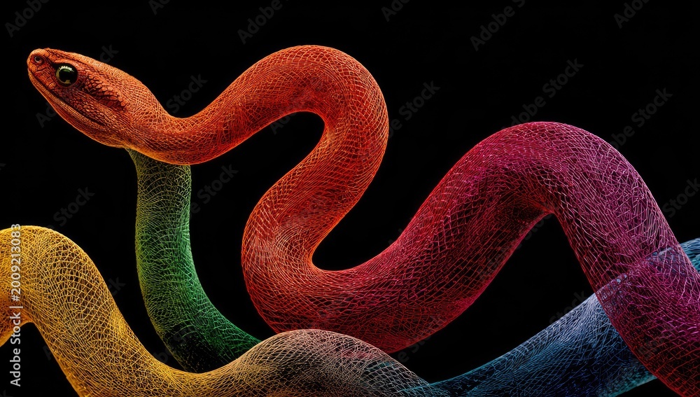 Fototapeta premium Colorful snake against black background vibrant reptile wildlife design
