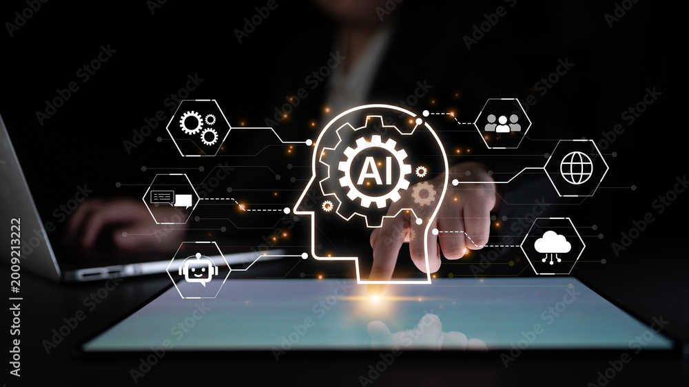 Fototapeta premium AI governance connects enterprise data, cloud and collaboration for trusted automation. AI supports policy, risk and compliance, improving decisions at scale. Corpus