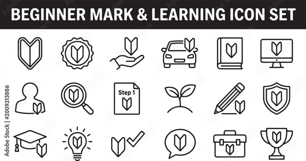 Fototapeta premium Beginner mark and learning icon set featuring education and training symbols isolated on transparent background vector illustration