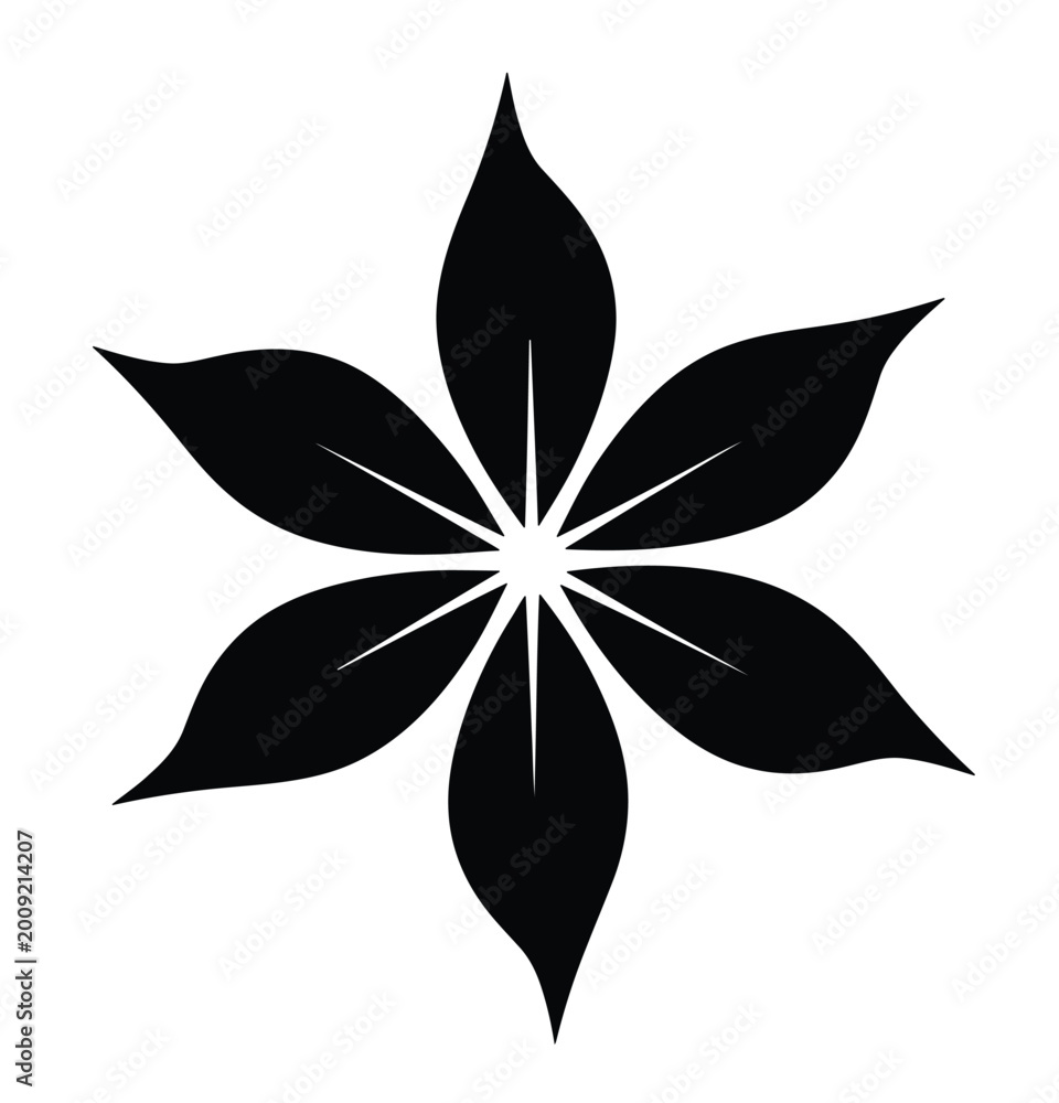 Fototapeta premium Simple black silhouette of a six-petaled flower or star shape with a central point on a white background, a minimalist graphic design element.