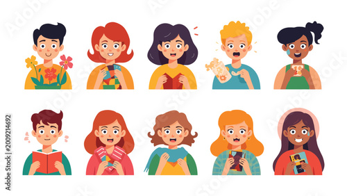 Tableau sur toile Youthful Spectrum: A vibrant collection of diverse faces reflecting varied emotions, from cheerful contentment to astonished delight, illustrating the rich tapestry of human expression