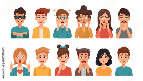 Cuadro en lienzo Emotion Expressions: An array of people faces, each vividly expressing a unique human feeling, from joy to sorrow, captured in an animated style