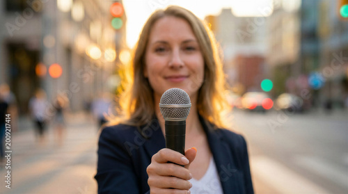Woman smiling while holding a microphone in a city street  