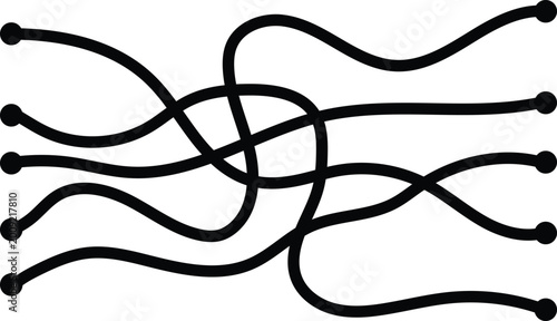 Black tangled wavy cord line network vector. Abstract intertwined crossing path illustration set. Minimal winding wire connection graphic for tech and data.
