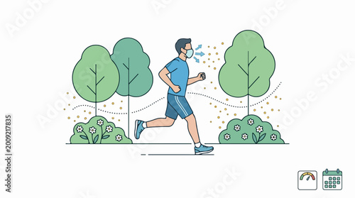 Man Jogging Outdoors with Face Mask Among Trees and Flowers for Health Blogs, Fitness Websites, Outdoor Activity Content, and Wellness Awareness