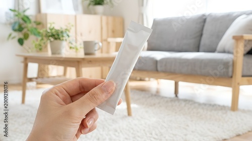 Hand holding a blank white stick sachet packaging mockup in a bright living room