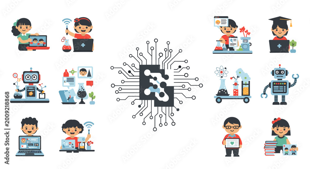 Fototapeta premium A friendly cartoon character working on a laptop, ideal for illustrating remote education, online communication, and digital productivity.