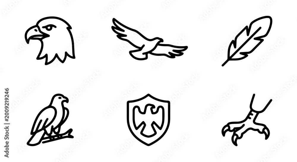 Fototapeta premium Collection of eagle icons including head, wings, feather, standing bird, shield, and claws in simple line art style