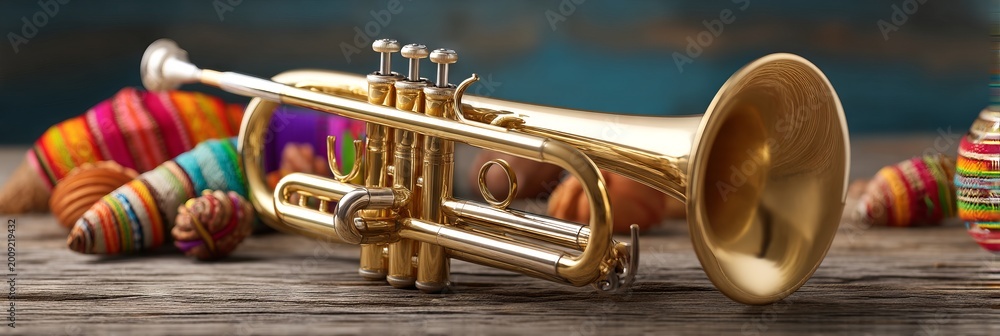 Naklejka premium Brass Trumpet on Wooden Table Surrounded by Colorful Decorations