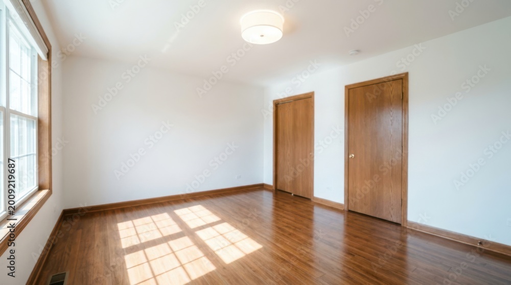 Fototapeta premium Empty bedroom with hardwood floors and wooden door frames