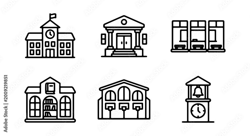 Obraz premium Set of six different school building icons in line style