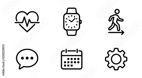 Tableau sur toile A set of six line icons including a heart rate, watch, running man, chat bubble,