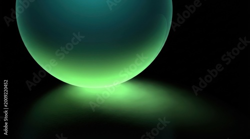Glowing green sphere with reflection on a dark background
