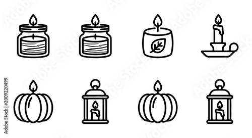 Bilde på lerret Black and white line art illustrations of various candle and lantern icons for h
