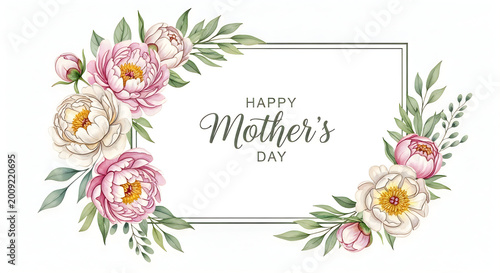 Happy mothers day floral greeting card with pink peonies