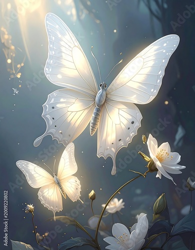 Two luminous white butterflies gracefully flutter amid soft sunlight and flowering plants in a serene, mystical forest