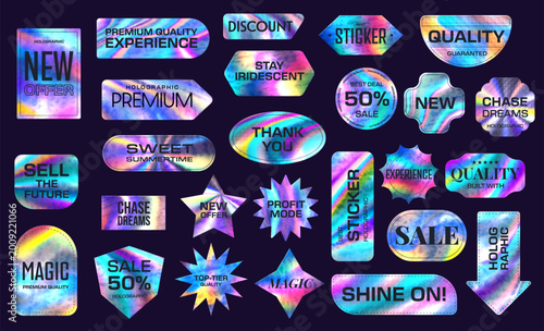Hologram rainbow foil stickers, holographic labels. Glossy hologram arrow, round and rectangle shapes vector tags, reflective isolated stickers. Metal holographic labels or iridescent surface badges