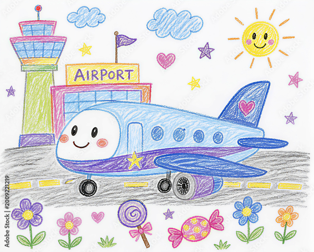 Obraz premium Illustration showing cute blue airplane on runway in front of airport terminal building.