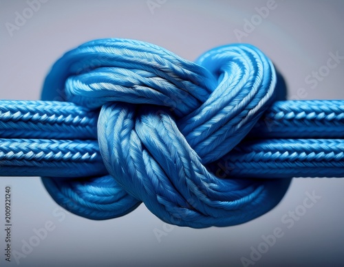 a close up image of a tightly tied blue rope knot against a plain background