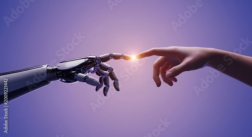 Human hand and robotic hand touching fingertips with glowing light effect on purple background representing artificial intelligence and human connection
