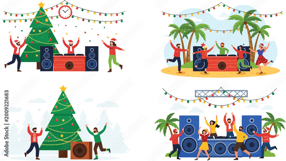 Naklejka premium Festive Party Vector Set with DJs, Dancing People, Christmas and Tropical Decorations, Lights, Music, and Celebration Illustration