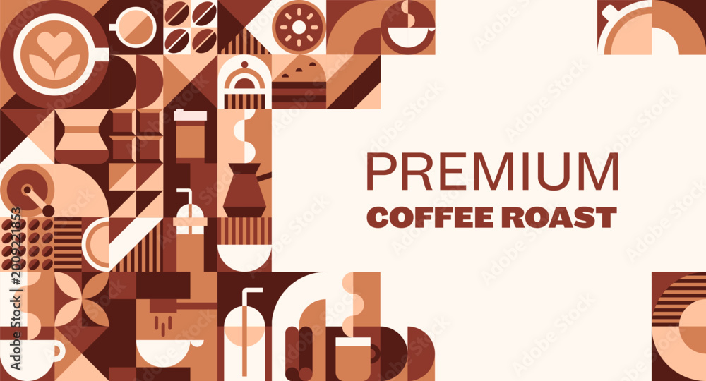 Obraz premium Premium coffee and hot chocolate banner with brown and beige geometric pattern, featuring cup, mug, kettle pot, grinder and roasted beans. Vector retro modern grid background for cafe or cafeteria