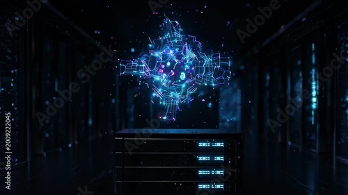 Futuristic server room with glowing holographic data structure above rack, neon blue and purple digital network, dark high-tech environment